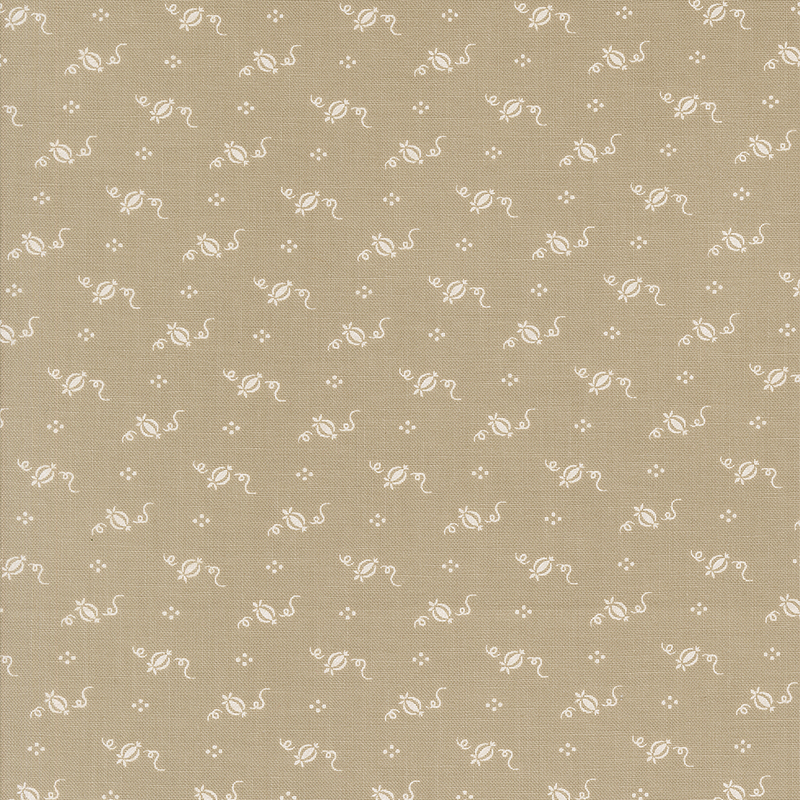 A fabric pattern featuring small, white floral and vine motifs on a beige background.