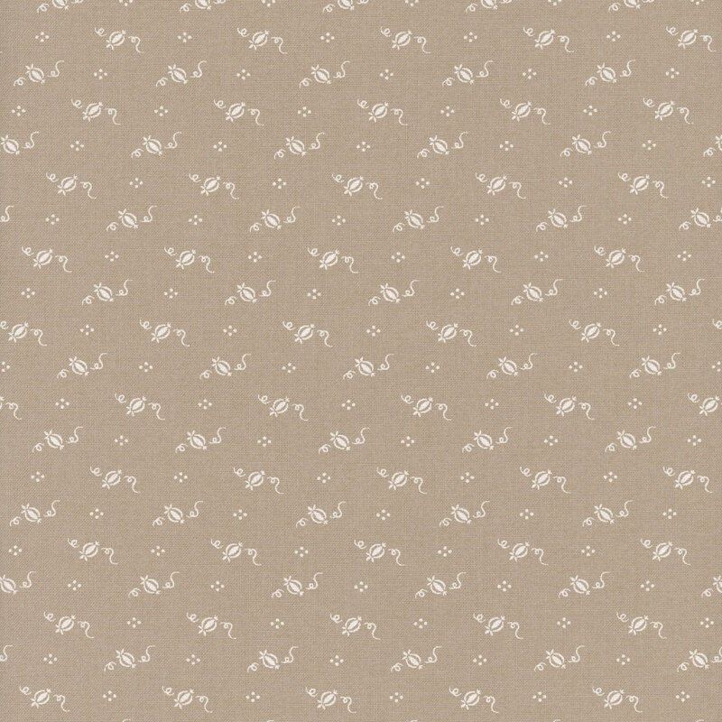 A fabric pattern featuring small, white floral and vine motifs on a beige background.