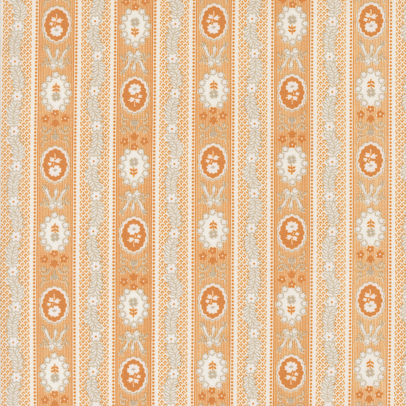 Repeating floral pattern in orange and cream, featuring vertical stripes and intricate details.