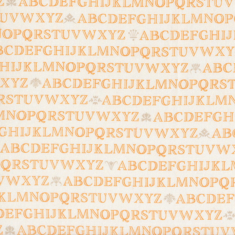 Repeating pattern of uppercase letters A-Z in orange on a light background, with decorative elements.