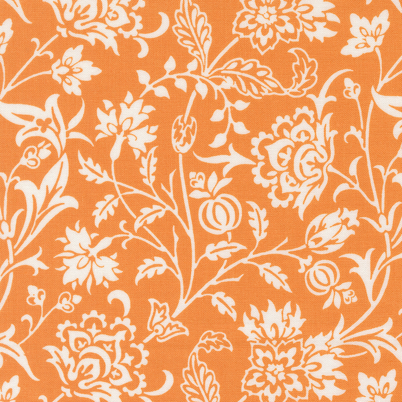 White floral pattern on a vibrant orange background.