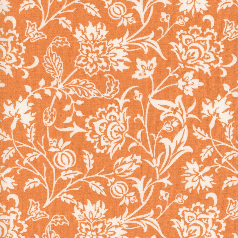 White floral pattern on a vibrant orange background.