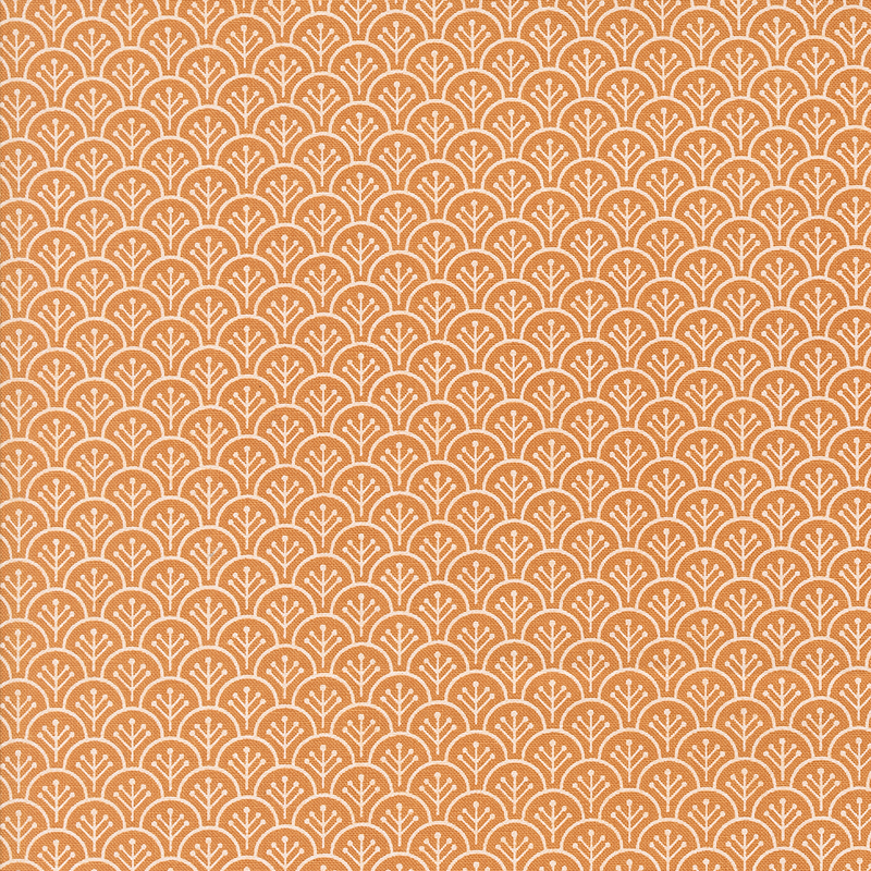 Repeating pattern of white floral shapes on a warm orange background.