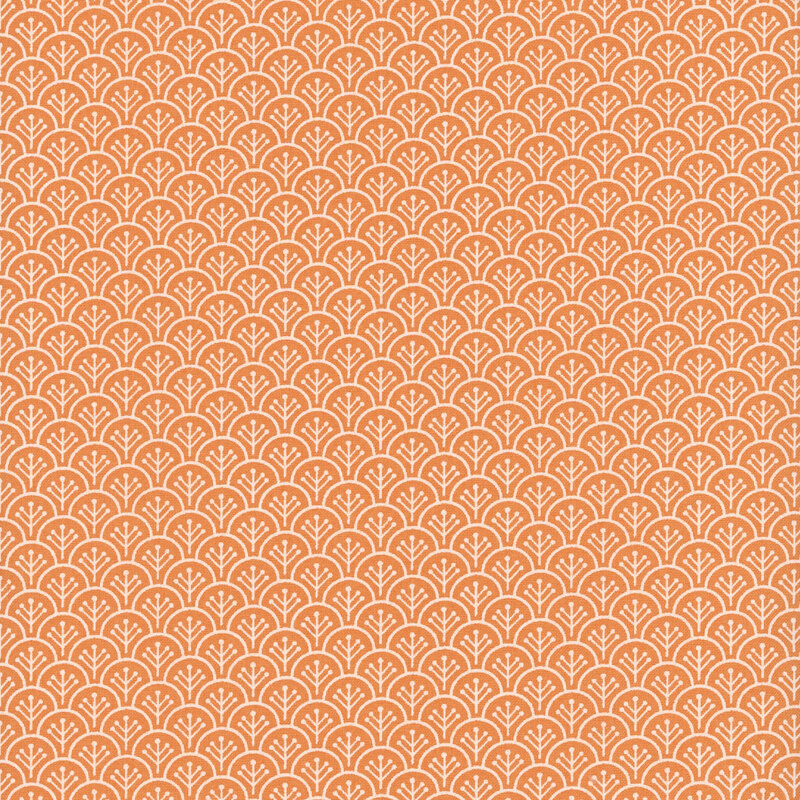 Repeating pattern of white floral shapes on a warm orange background.