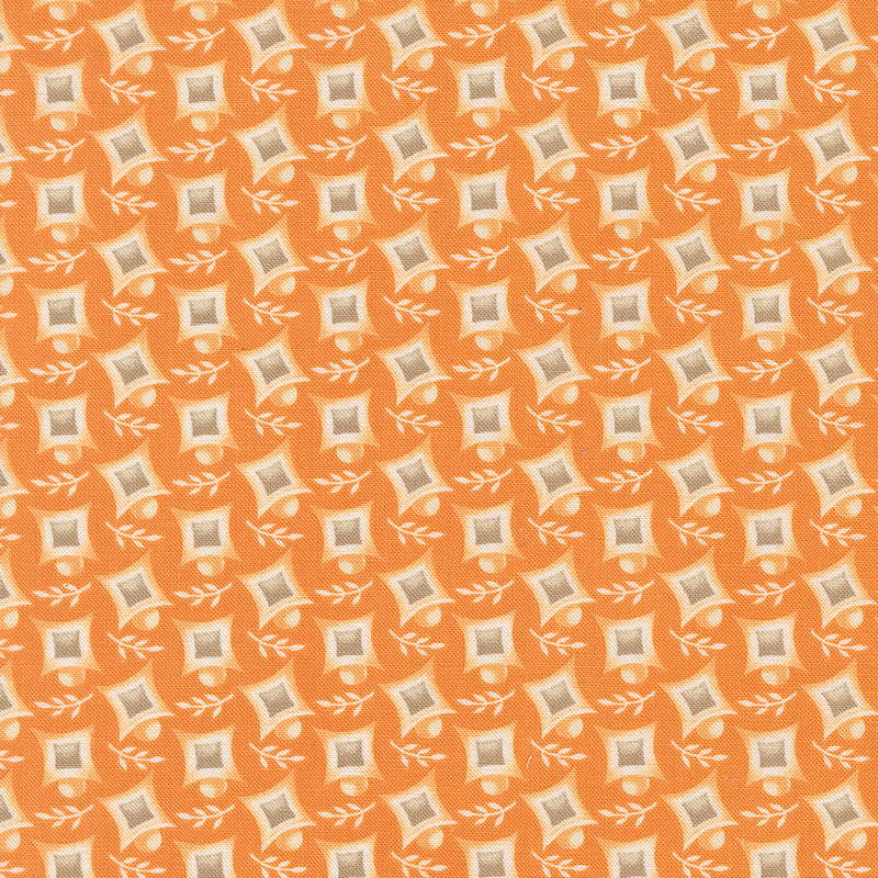 Repeating pattern of light-colored squares with leaf accents on an orange background.