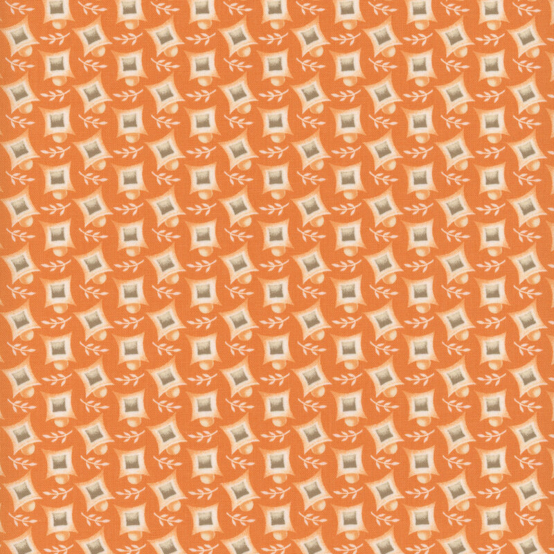 Repeating pattern of light-colored squares with leaf accents on an orange background.