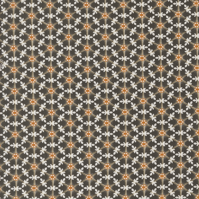 Repeating pattern of white flowers with orange centers on a dark background.