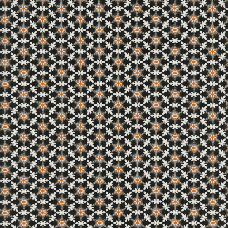 Repeating pattern of white flowers with orange centers on a dark background.