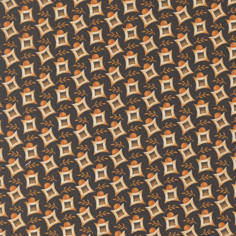 Repeating pattern of cream and orange geometric shapes on a dark background, with leaf accents.