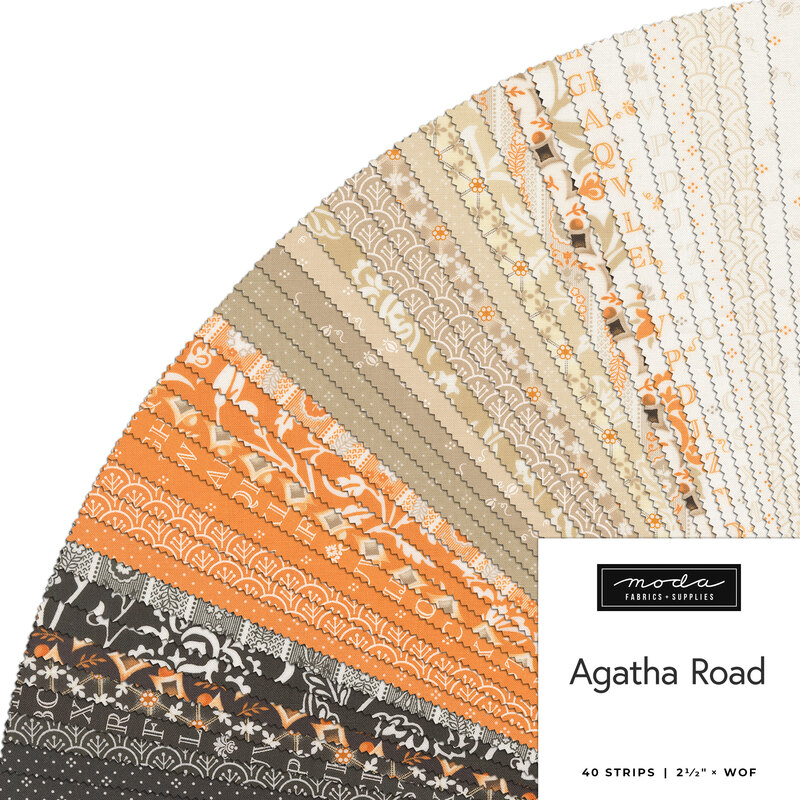 A fan of fabric strips in shades of orange, cream, and gray, labeled Agatha Road by Moda.