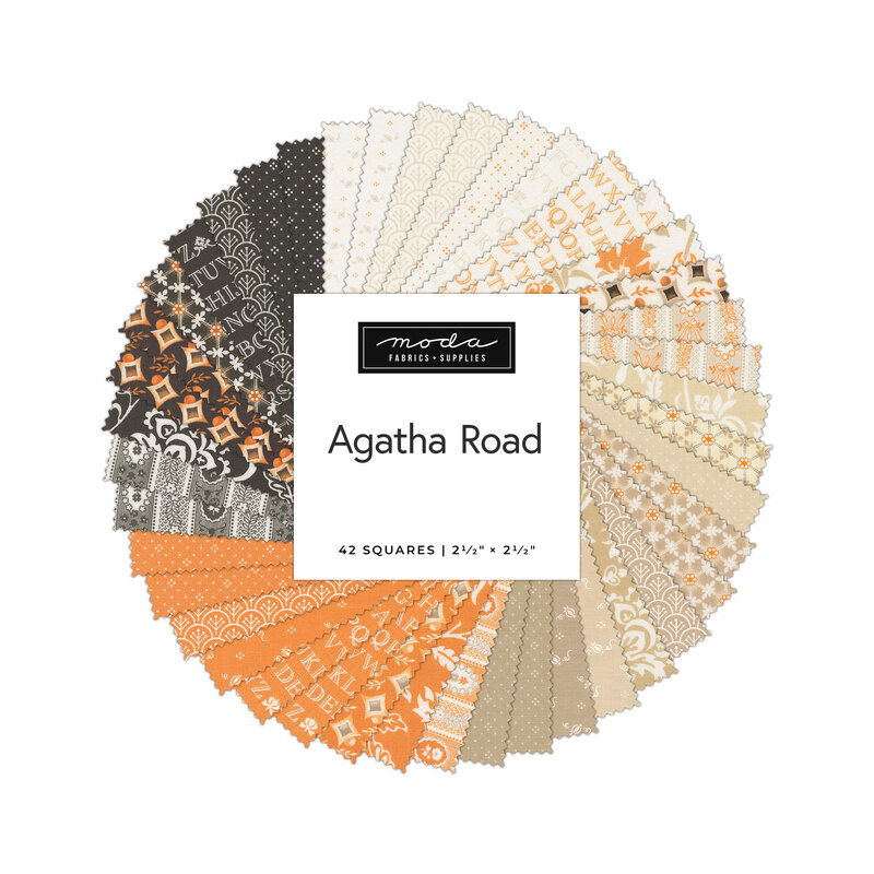 A circular display of fabric squares in orange, cream, gray, and white with Agatha Road label.