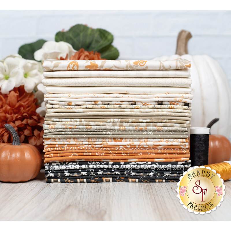 A stack of the fabric swatches featured in Agatha Road by Moda Fabrics in orange, beige, and gray, with pumpkins, flowers, and thread.