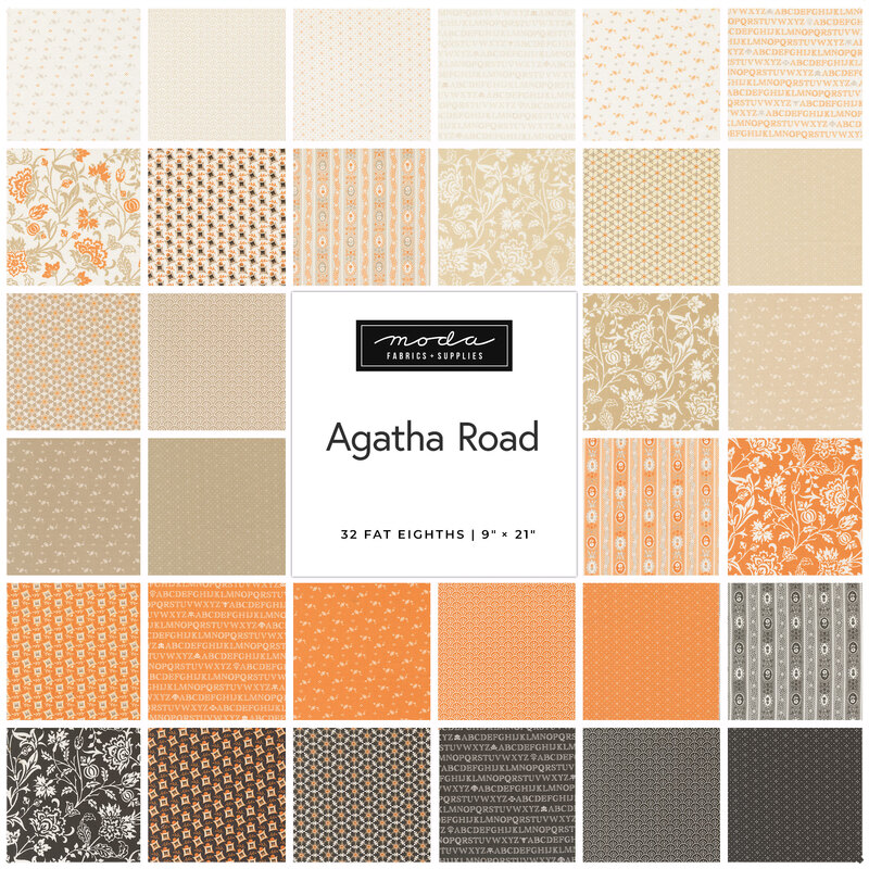 A collage of fabric swatches in orange, beige, and gray, labeled Agatha Road by Moda Fabrics.