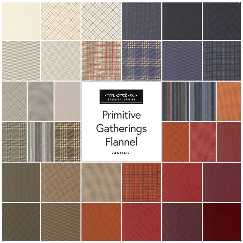 A collage of fabrics in the Primitive Gatherings Flannel collection featuring various colors and patterns.