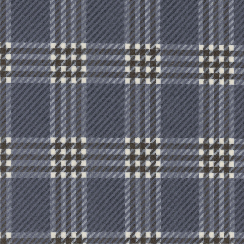 A repeating plaid pattern featuring shades of blue, brown, and white squares.