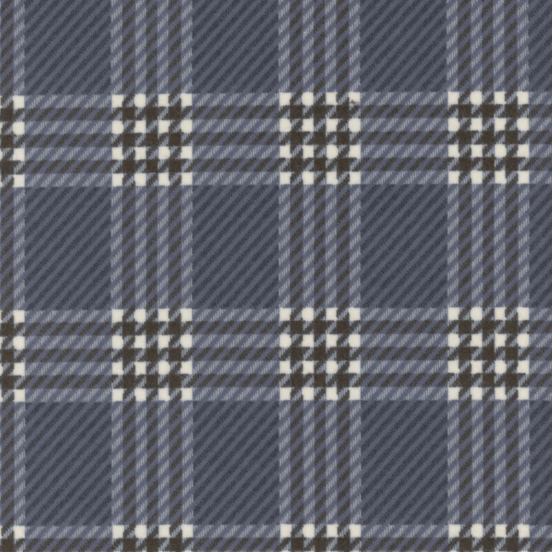 A repeating plaid pattern featuring shades of blue, brown, and white squares.