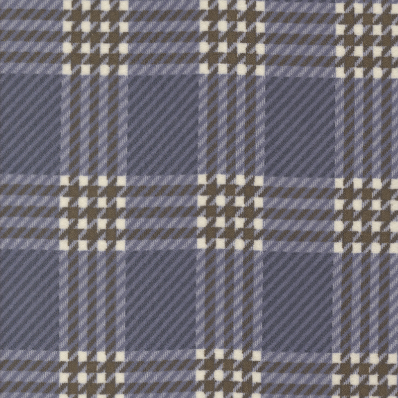 A repeating plaid pattern featuring shades of blue, brown, and white squares.