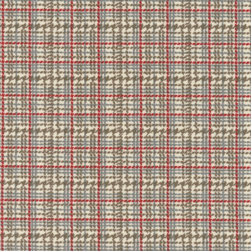 Textured fabric featuring a grid pattern with beige, cream, and red lines.