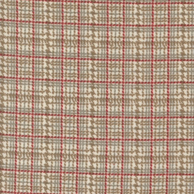 Textured fabric featuring a grid pattern with beige, cream, and red lines.