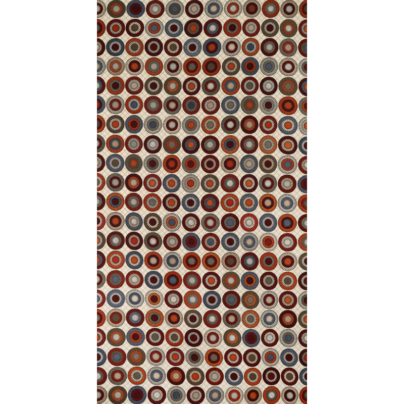 Patterned fabric featuring a grid of colorful circles in red, blue, brown, and cream tones.