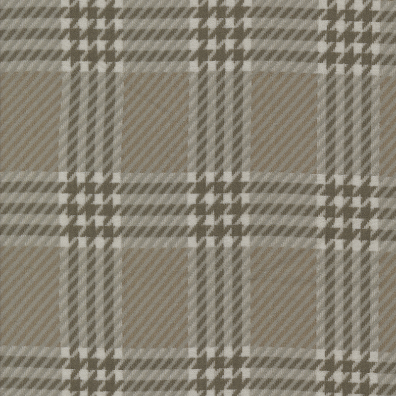 Plaid fabric pattern featuring shades of brown and gray with white accents.