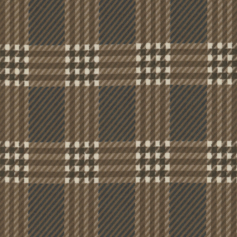 Fabric featuring a plaid pattern with brown, cream, and navy blue squares.