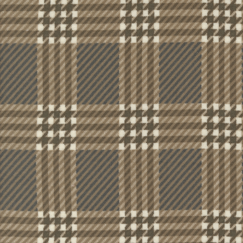 Fabric featuring a plaid pattern with brown, cream, and navy blue squares.