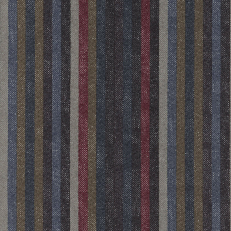 A close-up of fabric featuring vertical stripes in navy, gray, merlot, olive, and cream.