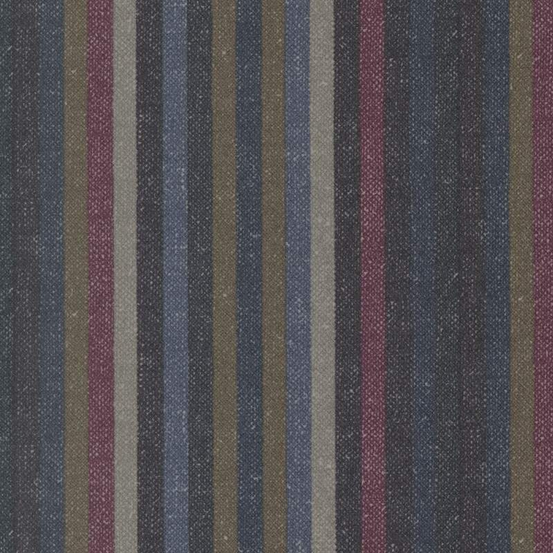 A close-up of fabric featuring vertical stripes in navy, gray, merlot, olive, and cream.