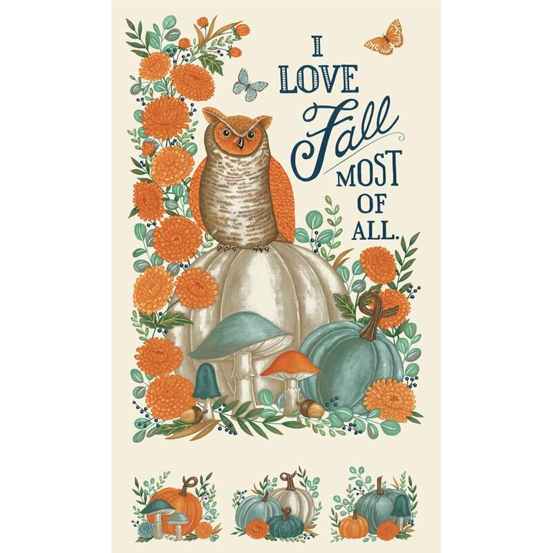 A stylized owl sits atop a pumpkin, surrounded by autumn flowers and mushrooms, with the text I love Fall most of all.