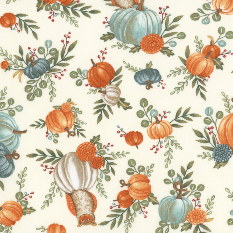 Patterned fabric featuring colorful pumpkins, greenery, and small floral accents on a light background.