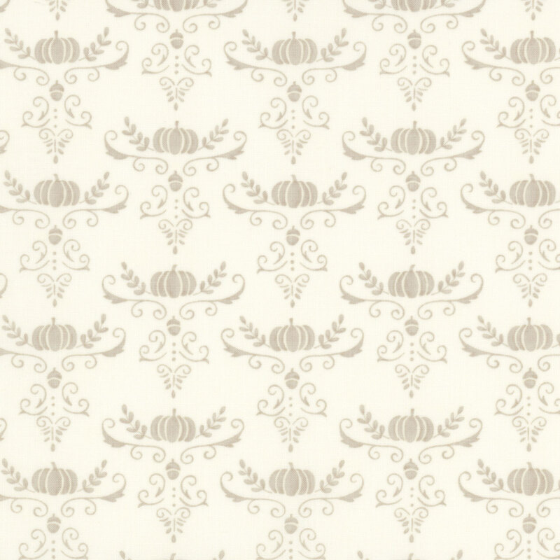 Light beige fabric with a repeating pattern of ornate pumpkins and leafy vines.