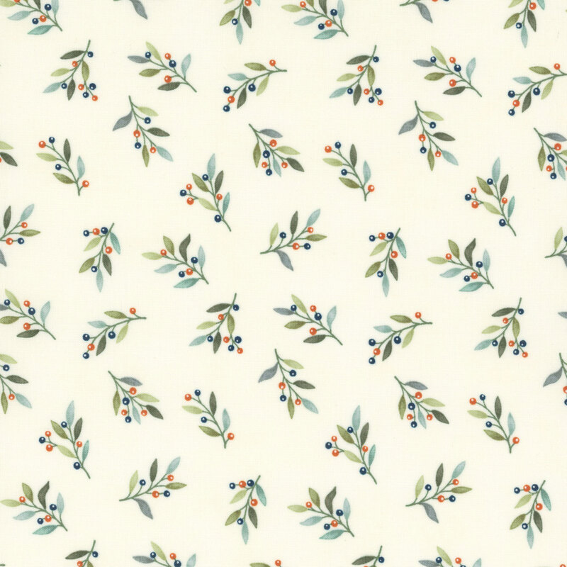 A cream fabric covered in a pattern of small green leaves and colorful berries in blue and orange.