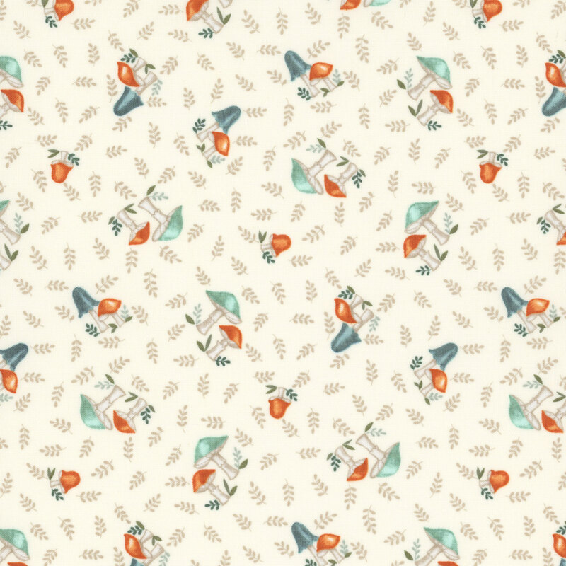 A light cream fabric pattern featuring colorful mushrooms and leaves in soft watercolor style.