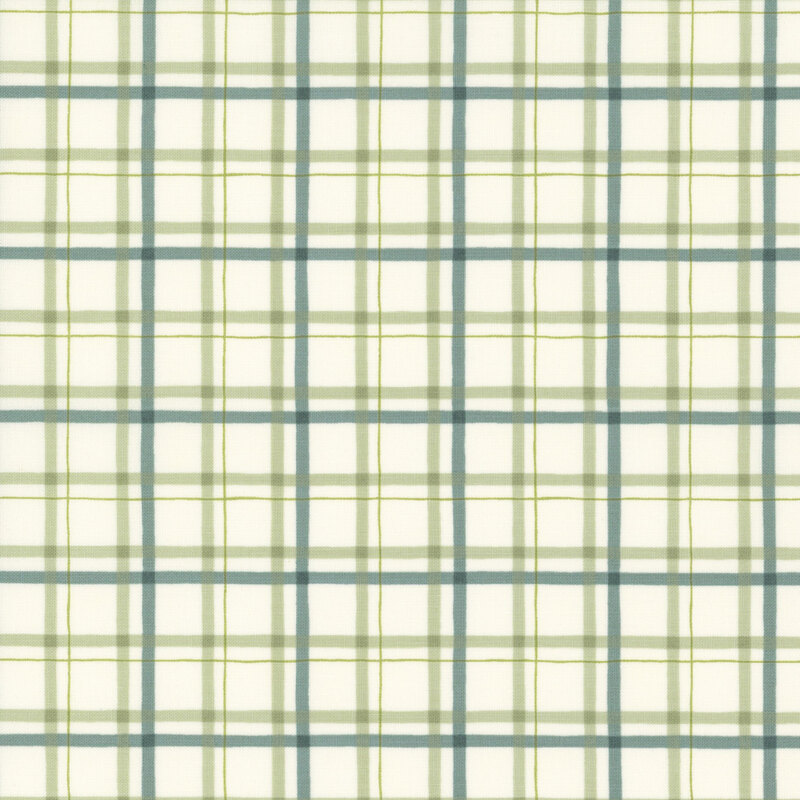 A fabric pattern featuring a green and blue plaid design on a cream background.