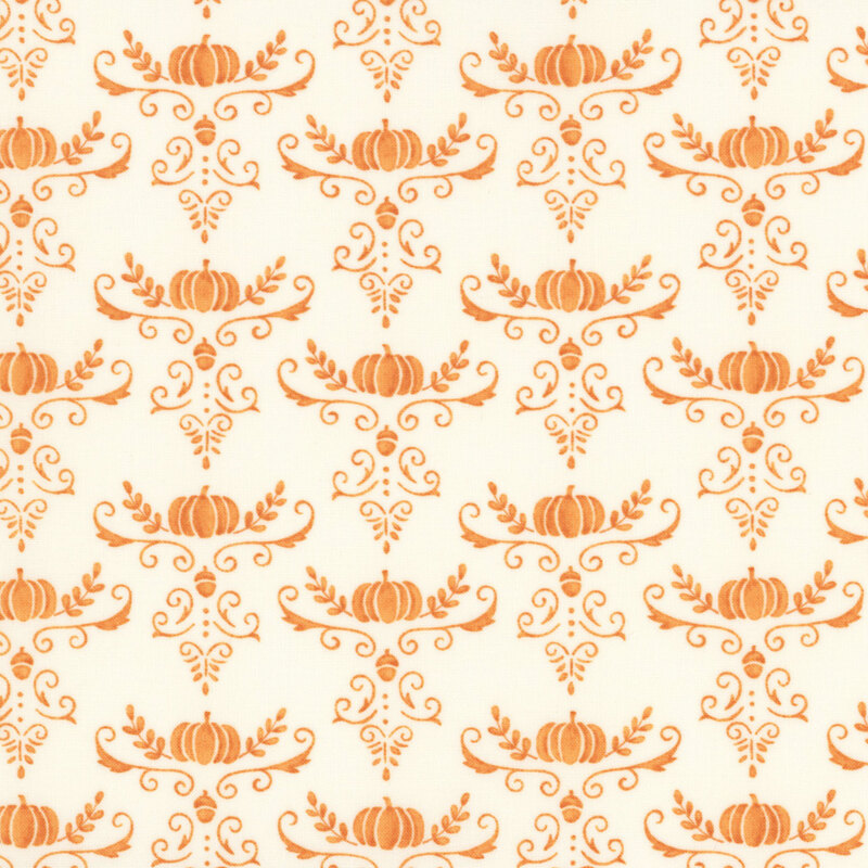 Pattern of orange pumpkins and floral designs on a cream background, creating a whimsical fall theme.