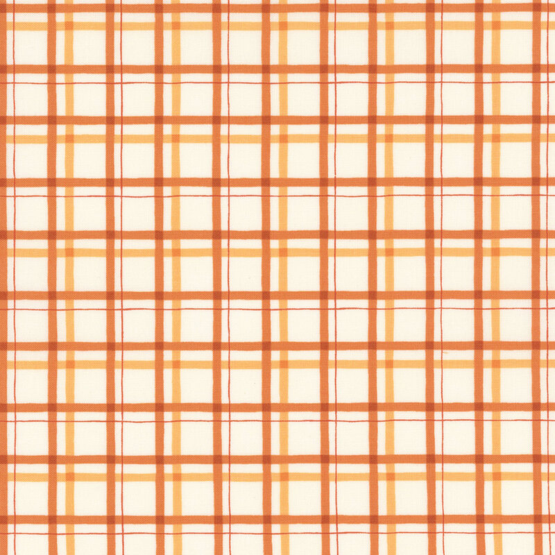 Orange and cream plaid fabric featuring a checkered pattern with evenly spaced lines.