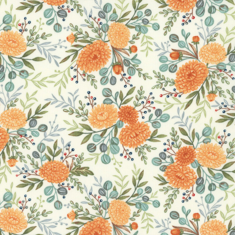 A floral pattern featuring orange chrysanthemums, green leaves, and blue berries on a cream background.