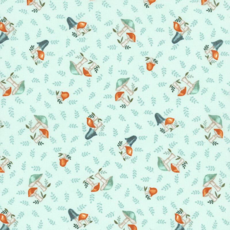 Patterned fabric featuring small illustrations of mushrooms, leaves, and flowers on a mint background.