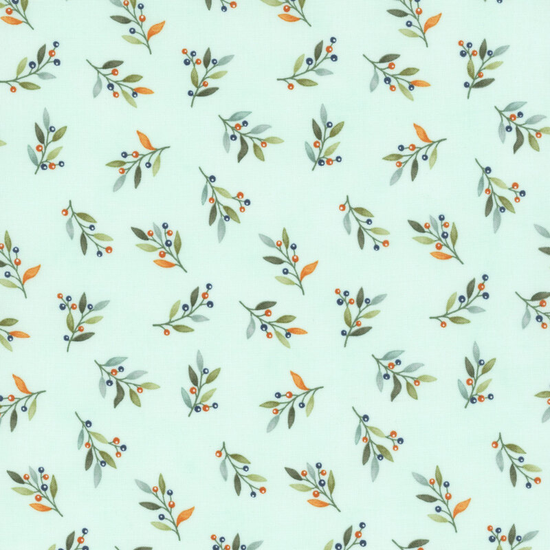 Light green fabric featuring scattered branches with orange, blue, and green leaves and berries.