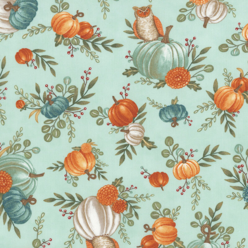 A whimsical fabric design featuring an owl on a white pumpkin, surrounded by autumn leaves and berries.