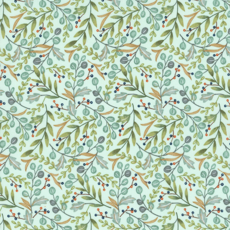 Light green fabric featuring a floral pattern with various leaves and small berries in orange and blue.