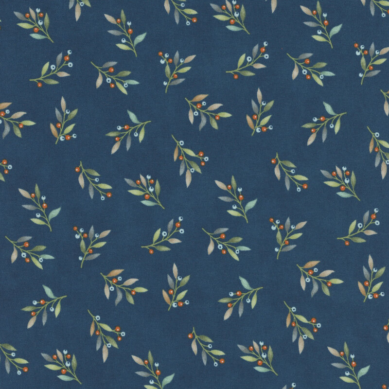 Teal fabric with a repeating pattern of delicate leaves and colorful berries.