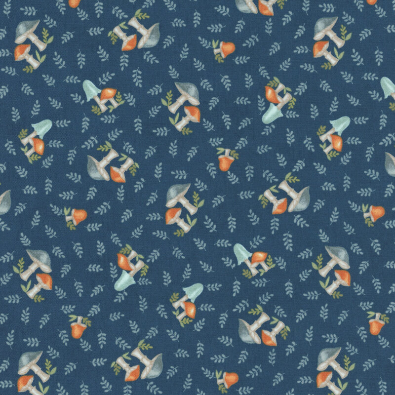 Pattern featuring colorful mushrooms and small green leaves on a dark teal background.