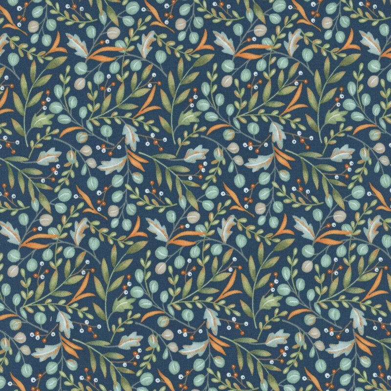 A textured fabric featuring a pattern of leaves and berries in green, orange, and white on a dark blue background.