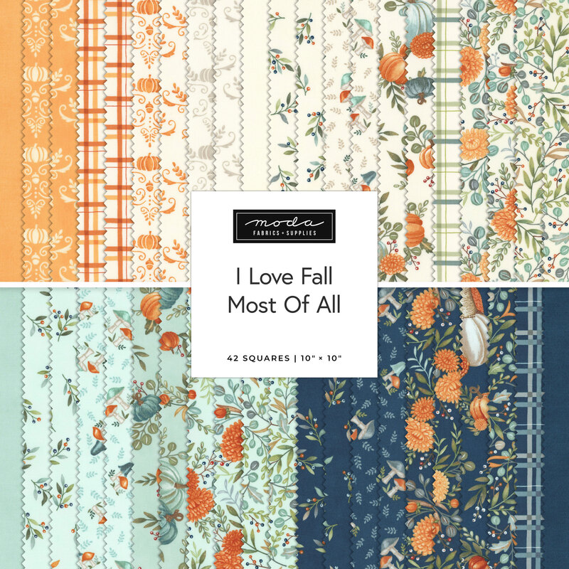 Fabric squares with fall-themed patterns in orange, teal, and navy, labeled I Love Fall Most Of All.