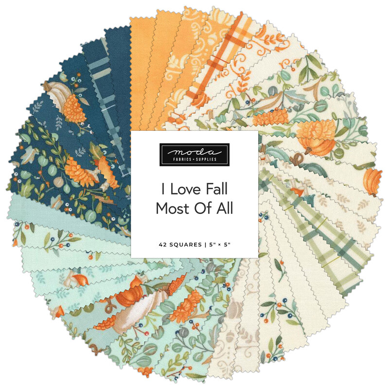 A circular arrangement of 42 fabric squares featuring autumn-themed patterns and colors.