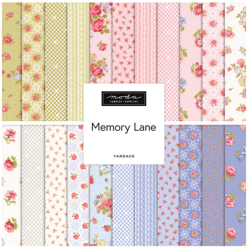 A collage of fabric patterns in pastel colors with floral designs and a label reading Memory Lane.