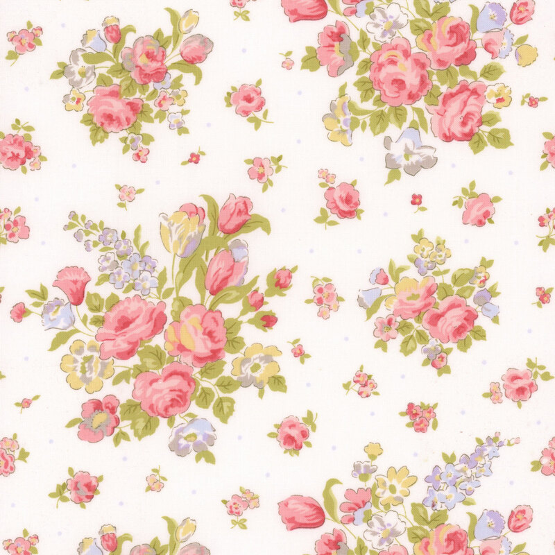 Floral pattern featuring pink, blue, and yellow flowers on a light background with small dots.