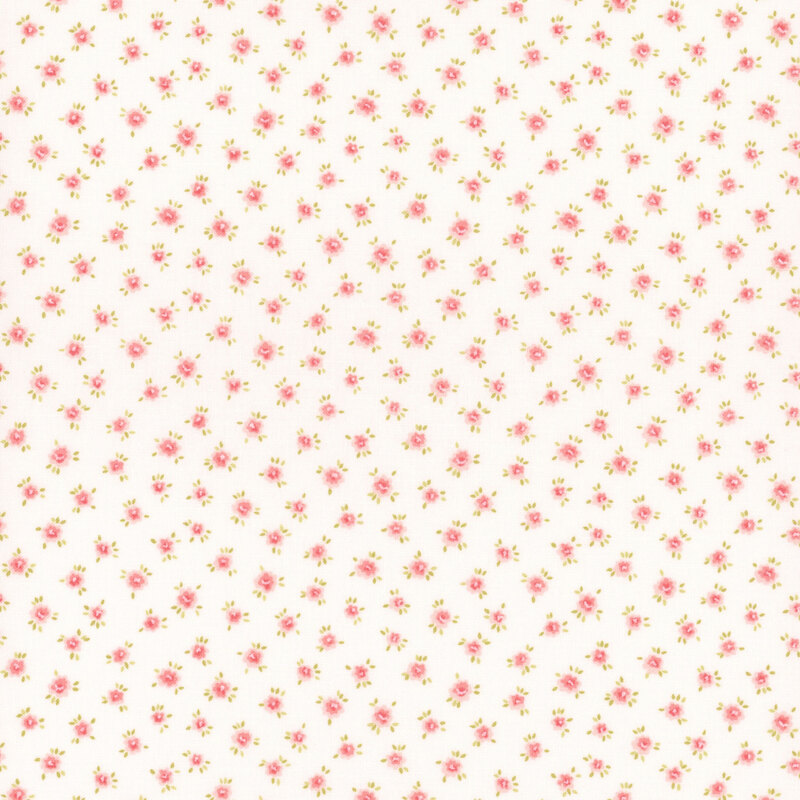 A light fabric with a repeating pattern of small pink roses on a white background.